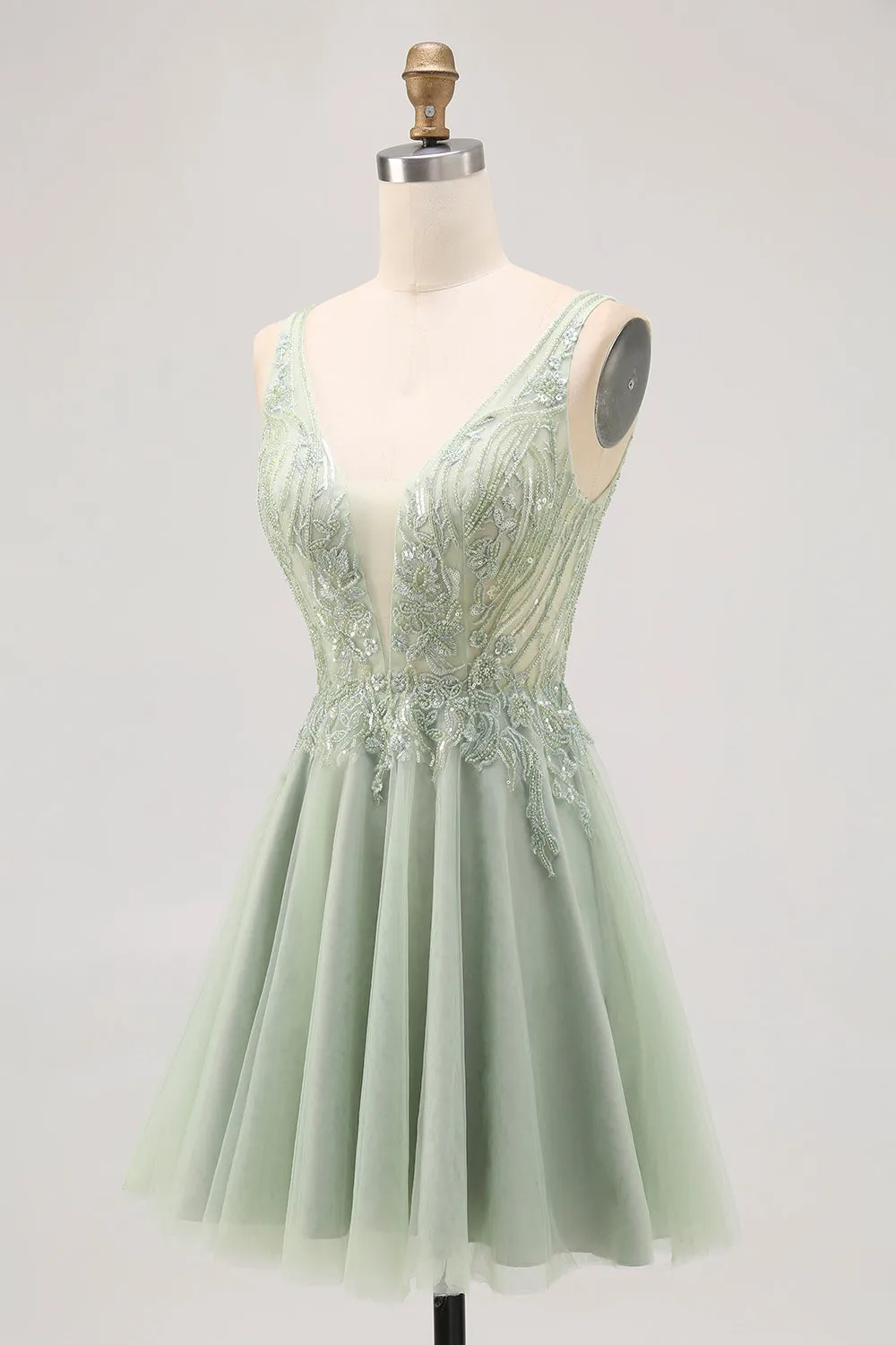Green A Line V Neck Tulle Backless Short Homecoming Dress with Sequins sold by Wedtrend product image thumbnail 3