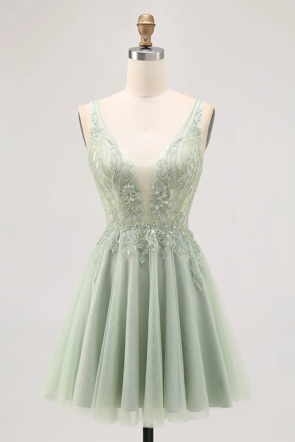 Green A Line V Neck Tulle Backless Short Homecoming Dress with Sequins sold by Wedtrend