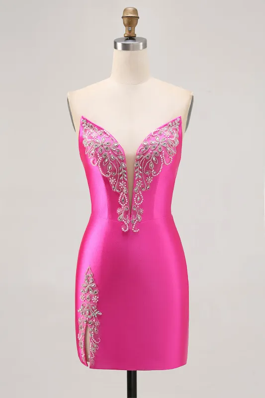 Fuchsia Strapless Beaded Tight Satin Short Homecoming Dress with Rhinestones sold by Wedtrend