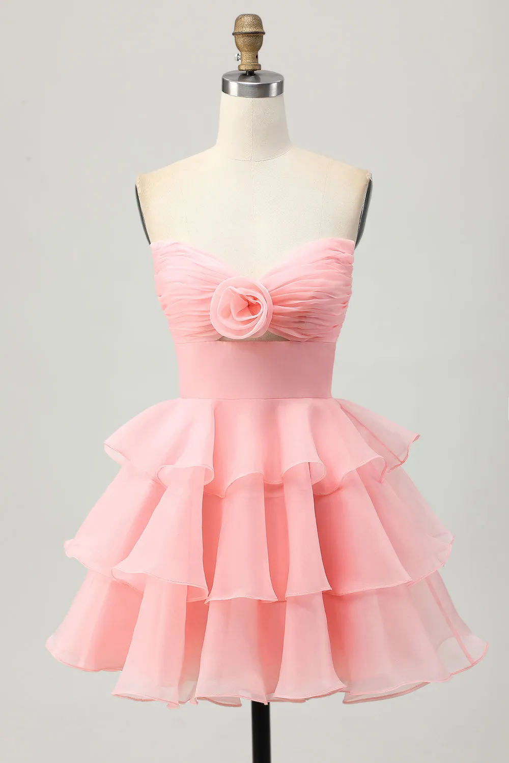 Blush A Line Tiered Strapless Cut Out Short Homecoming Dress with 3D Flower sold by Wedtrend