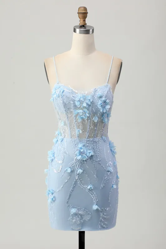 Blue Tight Sequins Corset Short Homecoming Dress with 3D Flowers made by Wedtrend