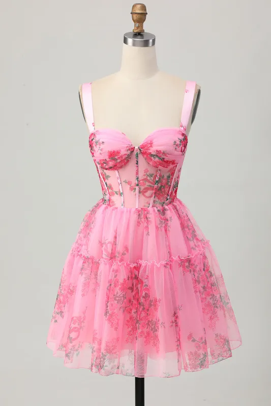 Pink Flower Short A Line Printed Corset Homecoming Dress sold by Wedtrend