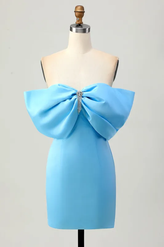 Blue Bodycon Off The Shoulder Short Homecoming Dress with Bow sold by Wedtrend