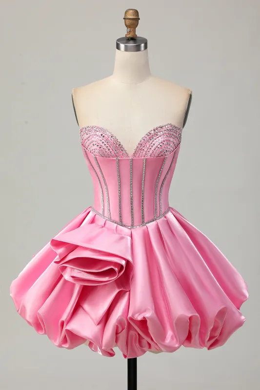 Pink Corset A Line Ruffled Short Homecoming Dress with Beading made by Wedtrend