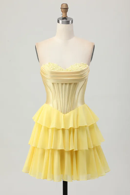 Yellow A-line Sweetheart Corset Tiered Short Homecoming Dress sold by Wedtrend