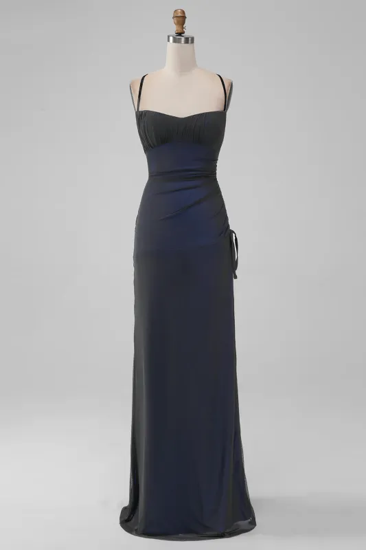 Black Blue Sheath Spaghetti Straps Floor Length Bridesmaid Dress made by Wedtrend
