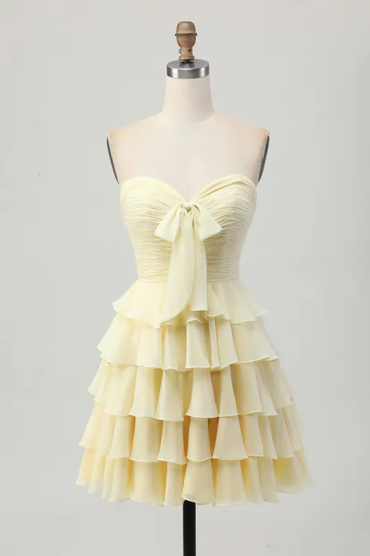 Light Yellow Strapless Tiered Ruched A Line Short Homecoming Dress made by Wedtrend