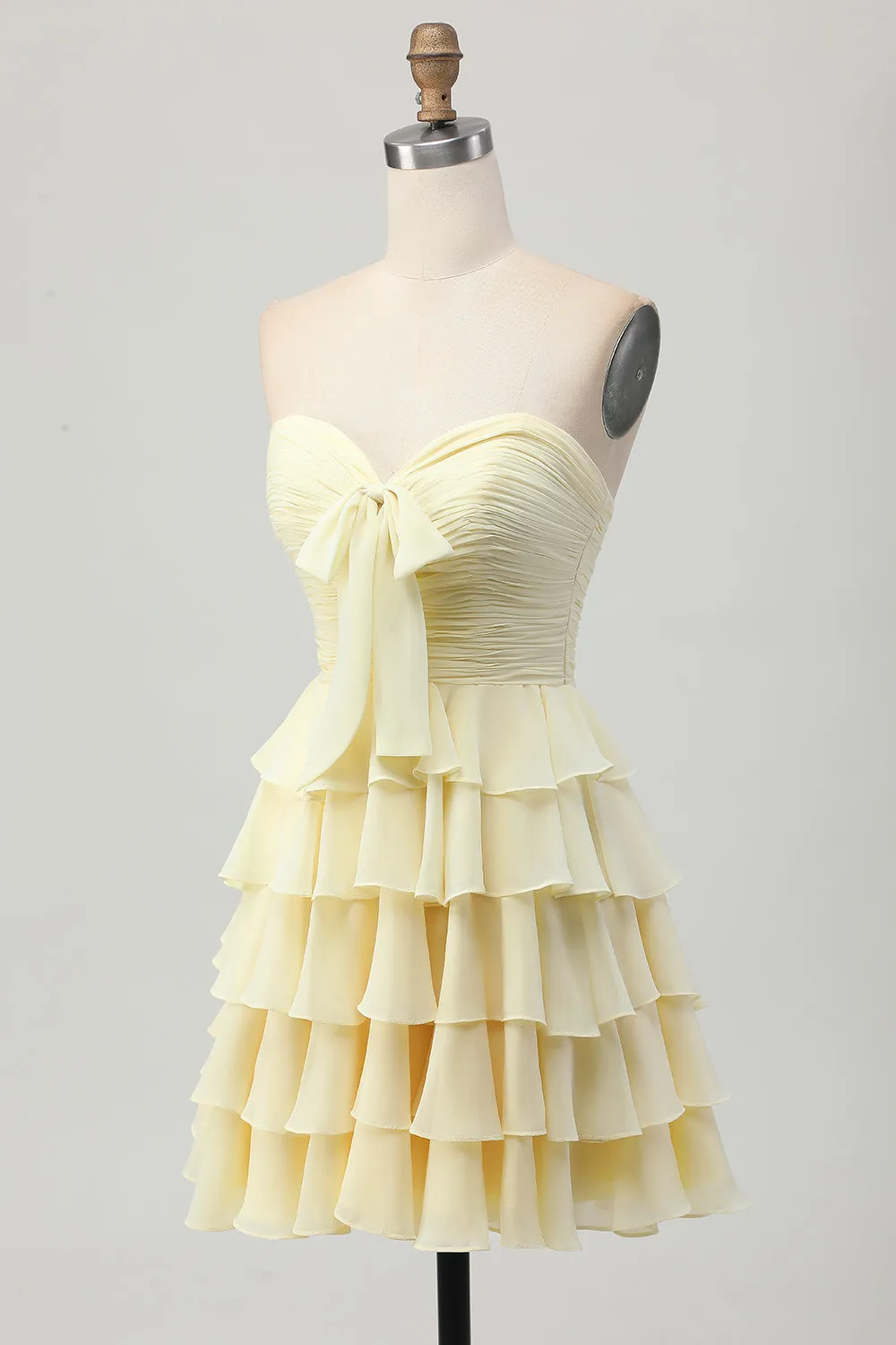 Light Yellow Strapless Tiered Ruched A Line Short Homecoming Dress sold by Wedtrend product image thumbnail 3