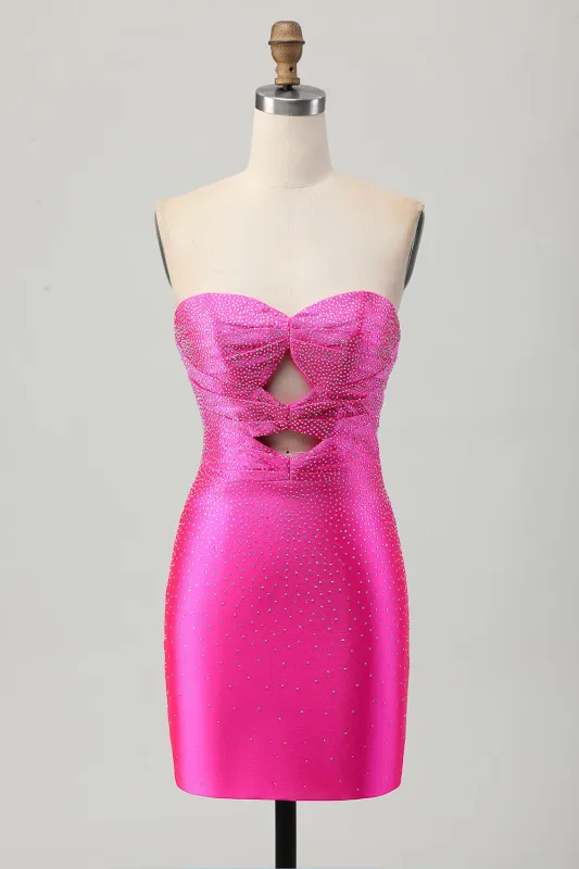 Strapless Fuchsia Tight Satin Cut Out Short Homecoming Dress with Beading made by Wedtrend