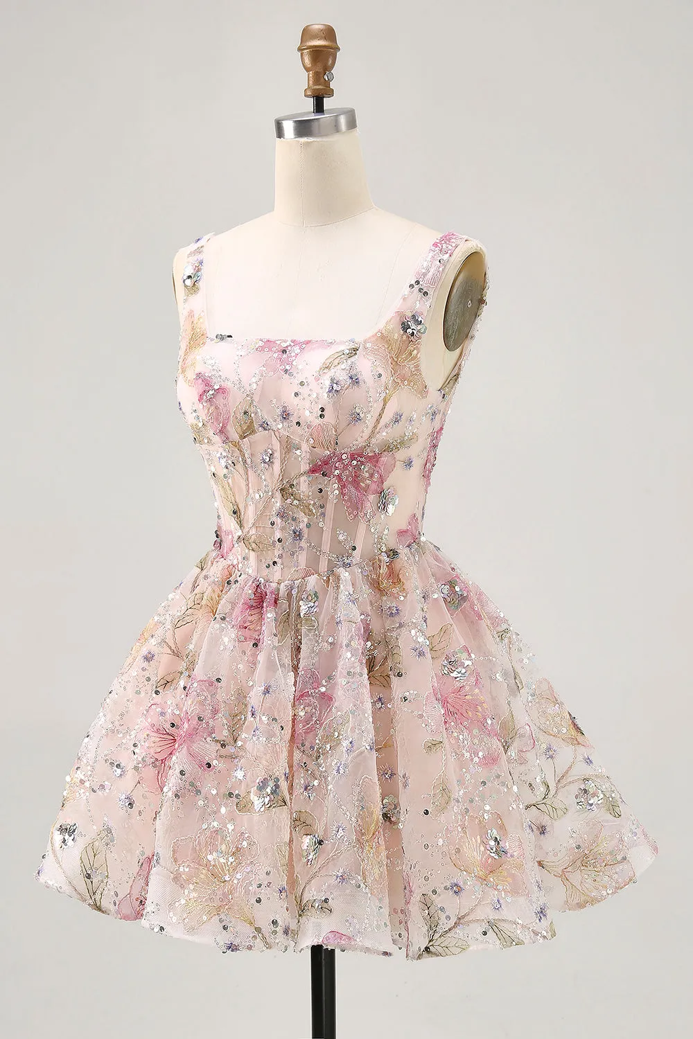 Pink Floral A-Line Square Neck Short Homecoming Dress with Sequins sold by Wedtrend product image thumbnail 3