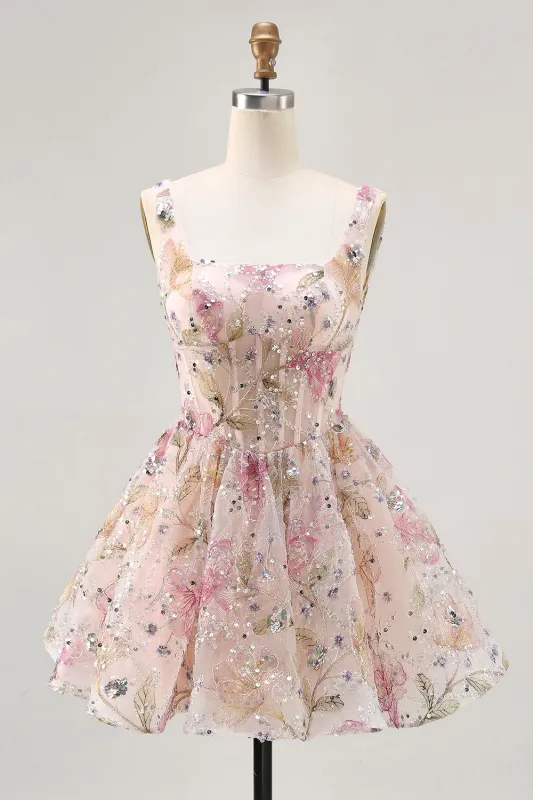 Pink Floral A-Line Square Neck Short Homecoming Dress with Sequins made by Wedtrend