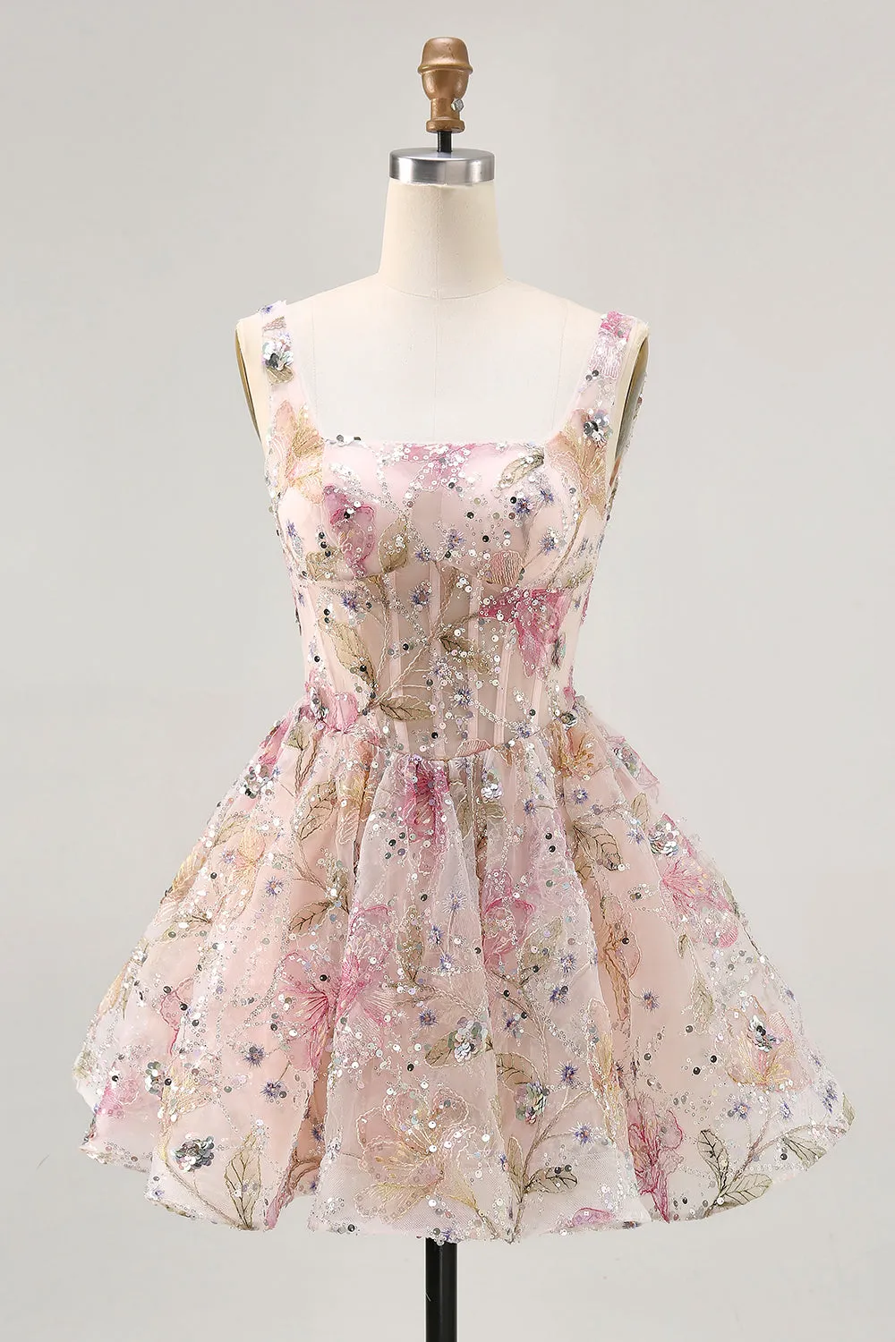 Pink Floral A-Line Square Neck Short Homecoming Dress with Sequins sold by Wedtrend