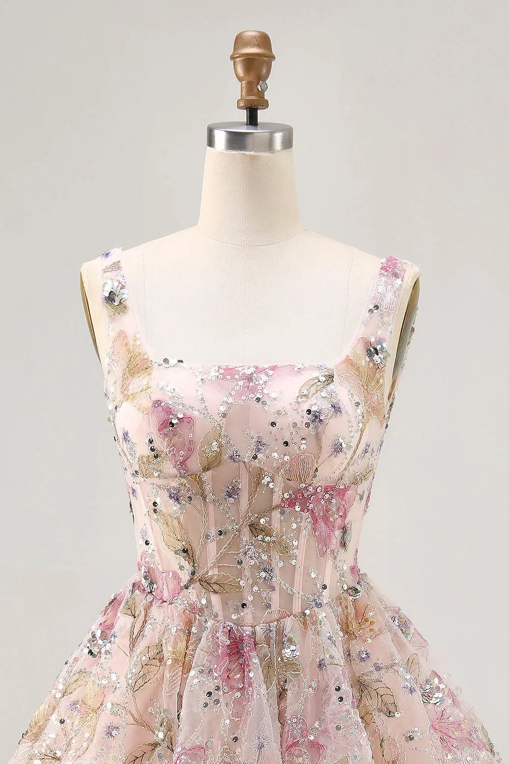 Pink Floral A-Line Square Neck Short Homecoming Dress with Sequins sold by Wedtrend product image thumbnail 4