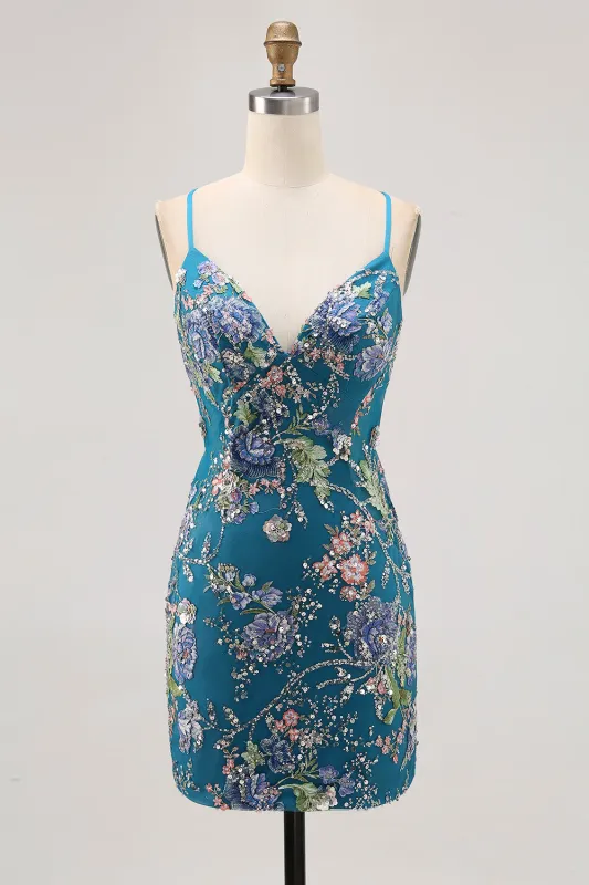 Peacock Floral Tight Spaghetti Straps Short Homecoming Dress with Sequins made by Wedtrend
