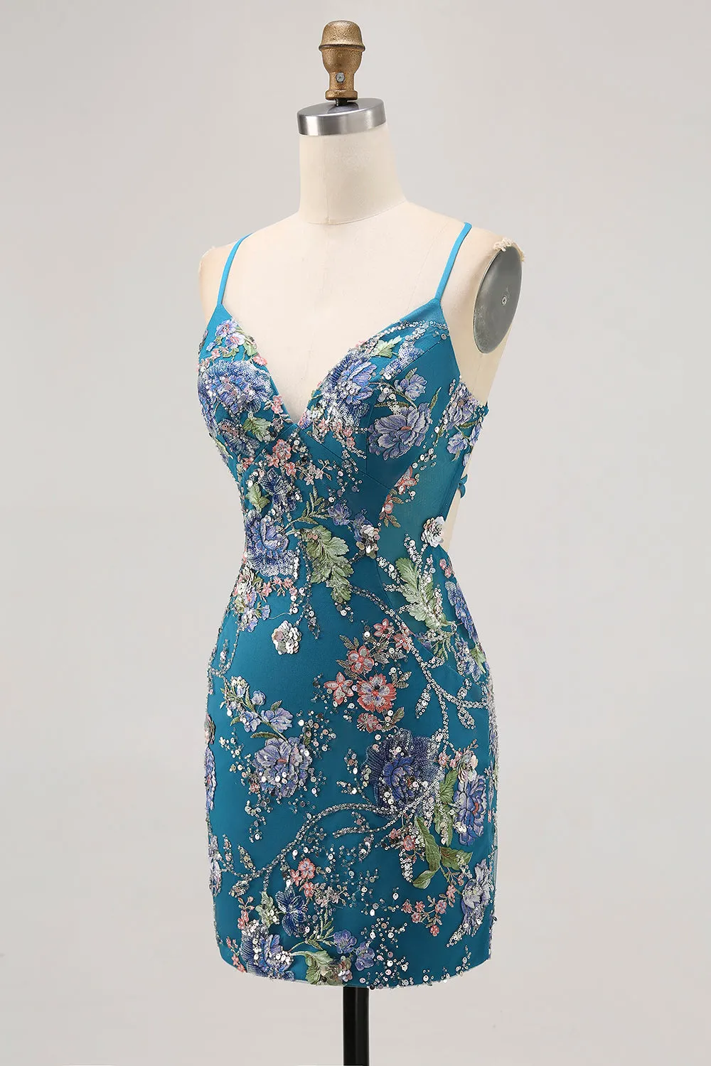Peacock Floral Tight Spaghetti Straps Short Homecoming Dress with Sequins sold by Wedtrend product image thumbnail 3
