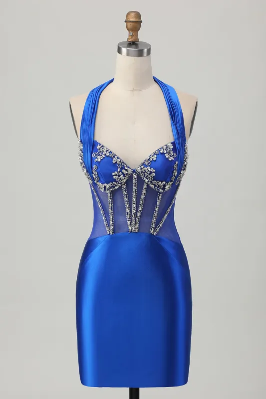 Royal Blue Bodycon Halter Backless Beaded Satin Short Homecoming Dress made by Wedtrend
