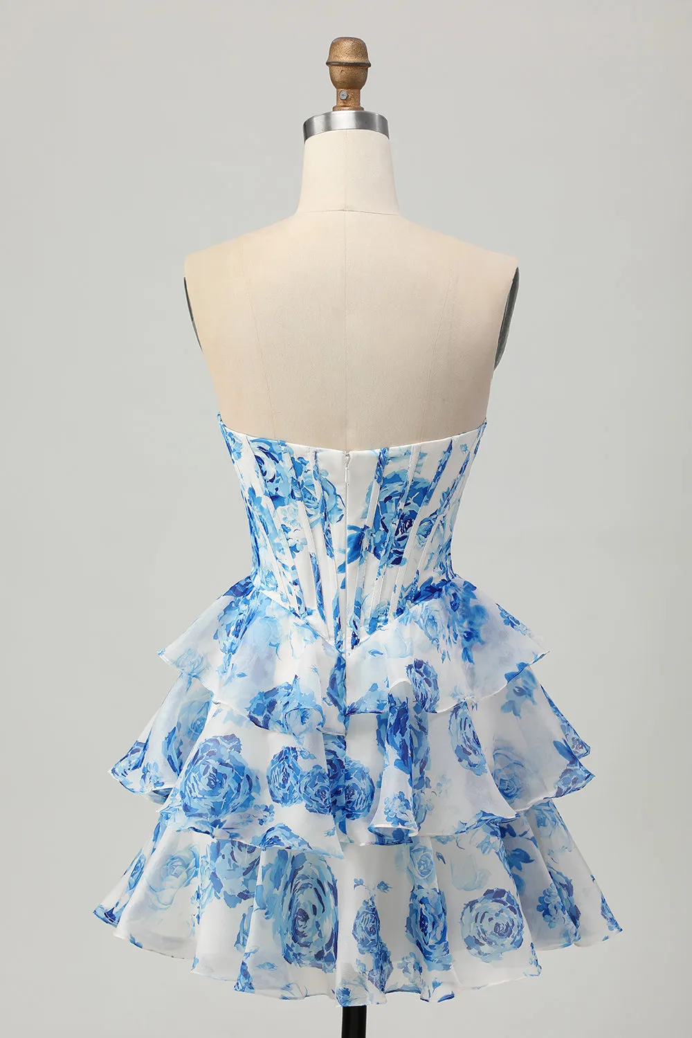 White Blue Flower A-Line Strapless Corset Short Homecoming Dress with Ruffles sold by Wedtrend product image thumbnail 2