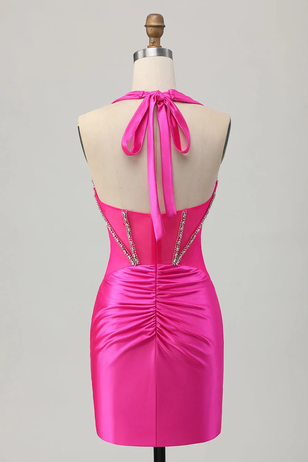 Fuchsia Satin Bodycon Halter Beaded Short Homecoming Dress sold by Wedtrend product image thumbnail 2