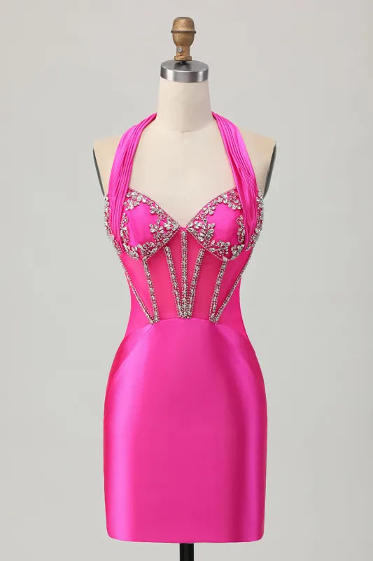 Fuchsia Satin Bodycon Halter Beaded Short Homecoming Dress made by Wedtrend