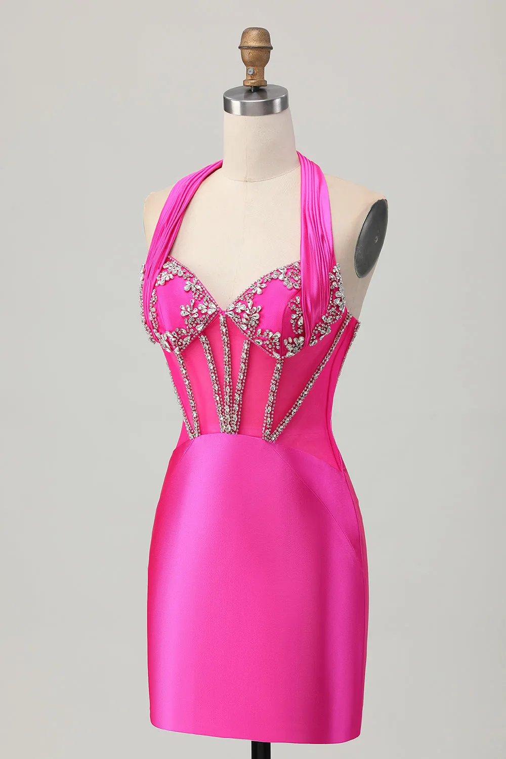 Fuchsia Satin Bodycon Halter Beaded Short Homecoming Dress sold by Wedtrend product image thumbnail 5