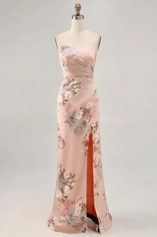 Blush Sheath Strapless Satin Print Long Flower Bridesmaid Dress with Slit sold by Wedtrend
