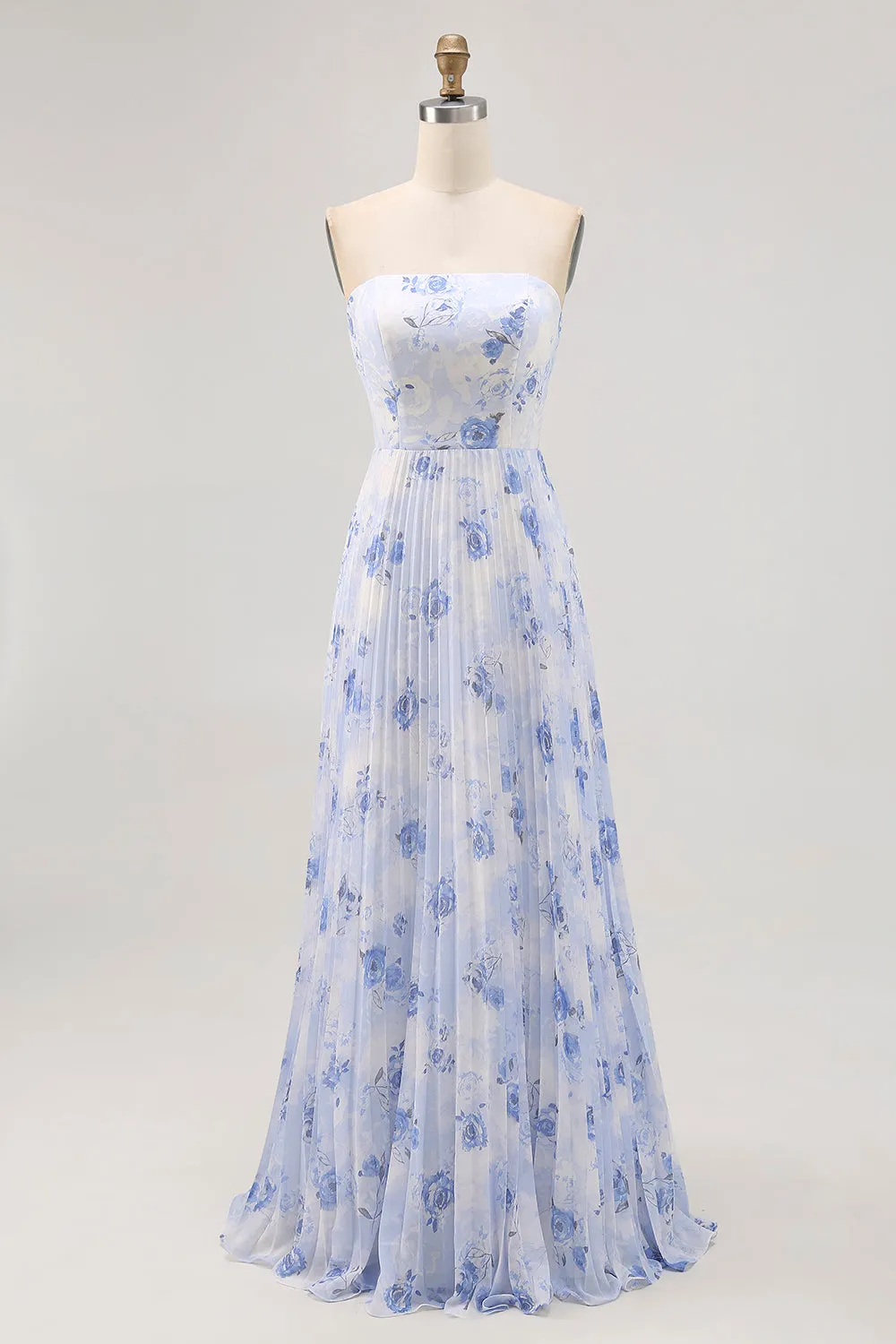 Blue Flower A-Line Chiffon Strapless Pleated Print Long Bridesmaid Dress sold by Wedtrend