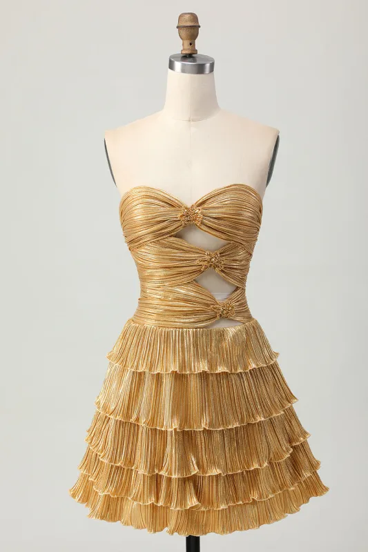 Golden Tiered Cut Out Pleated A-line Strapless Homecoming Dress made by Wedtrend