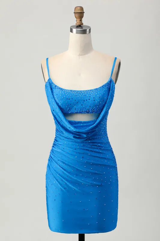 Tight Cut Out Short Blue Homecoming Dress with Beading made by Wedtrend