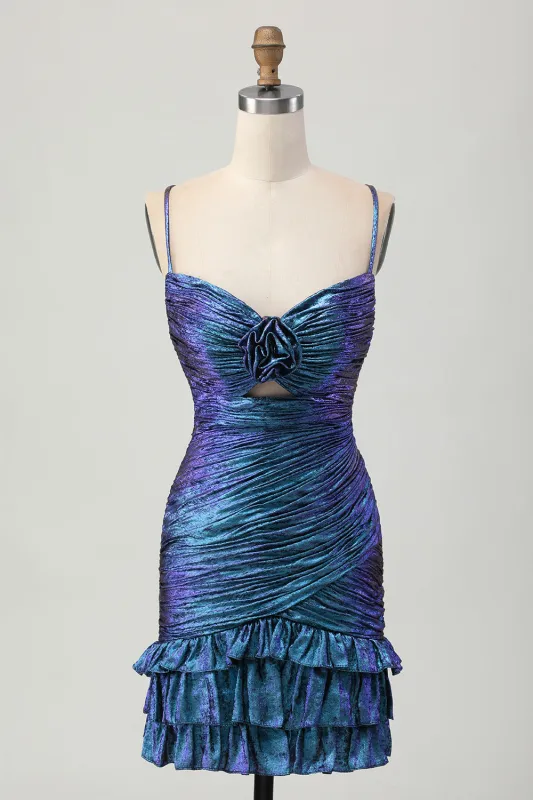 Metallic Blue Purple Bodycon Ruched Short Homecoming Dress with Ruffles sold by Wedtrend