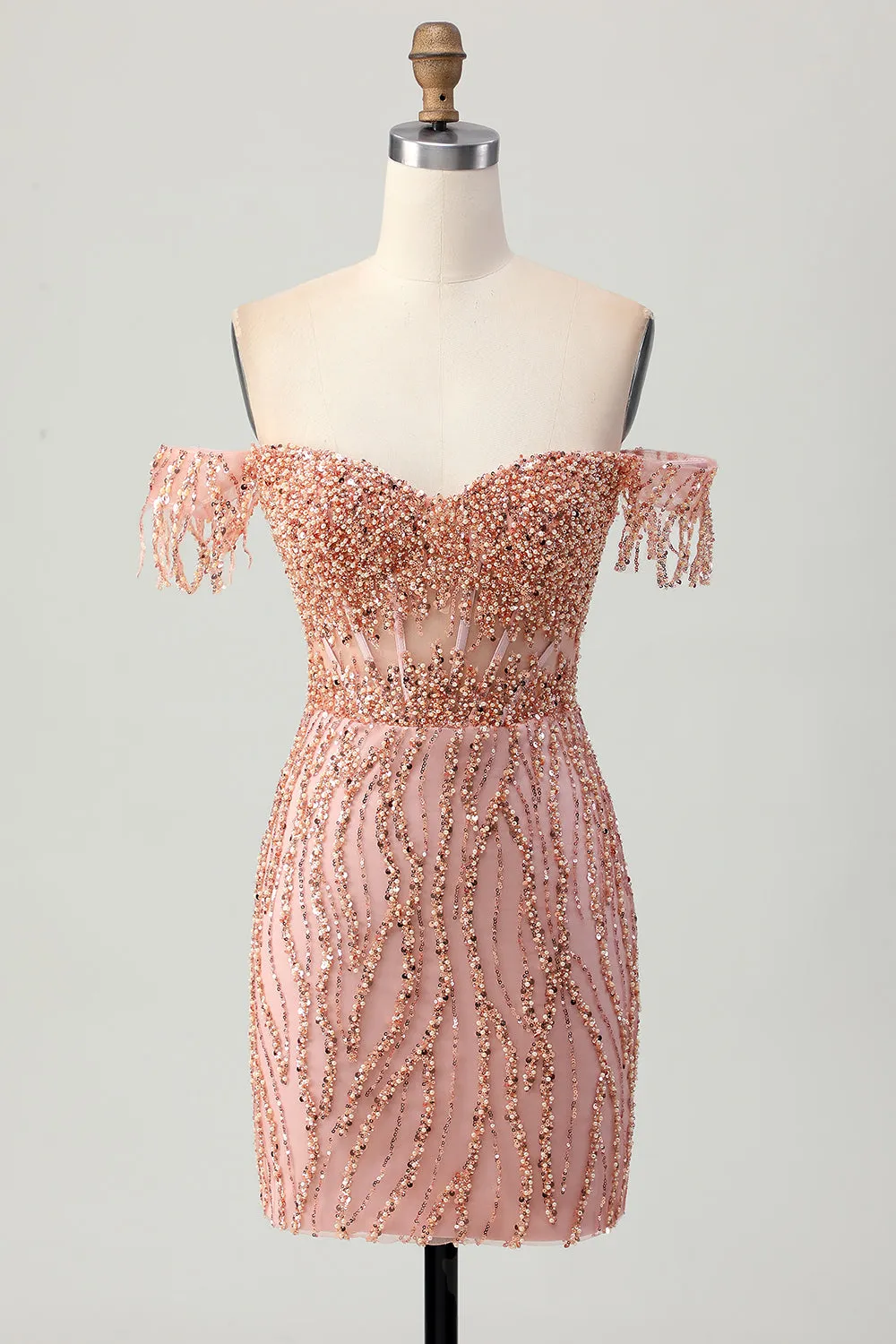 Sparkly Dusty Rose Off The Shoulder Tight Corset Beaded Homecoming Dress sold by Wedtrend