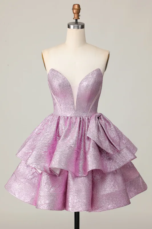 Light Purple A Line Strapless Short Homecoming Dress with Bow sold by Wedtrend