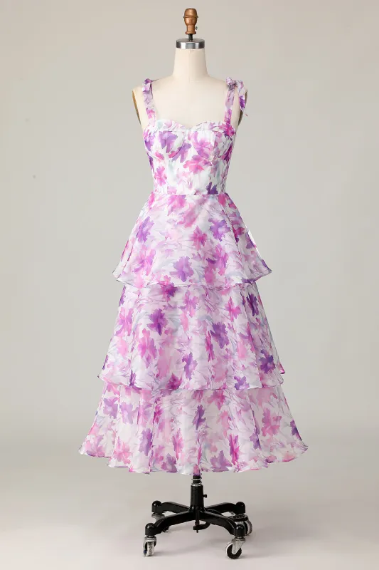 Purple Flower A Line Tiered Print Midi Wedding Guest Dress with Lace Up Back sold by Wedtrend