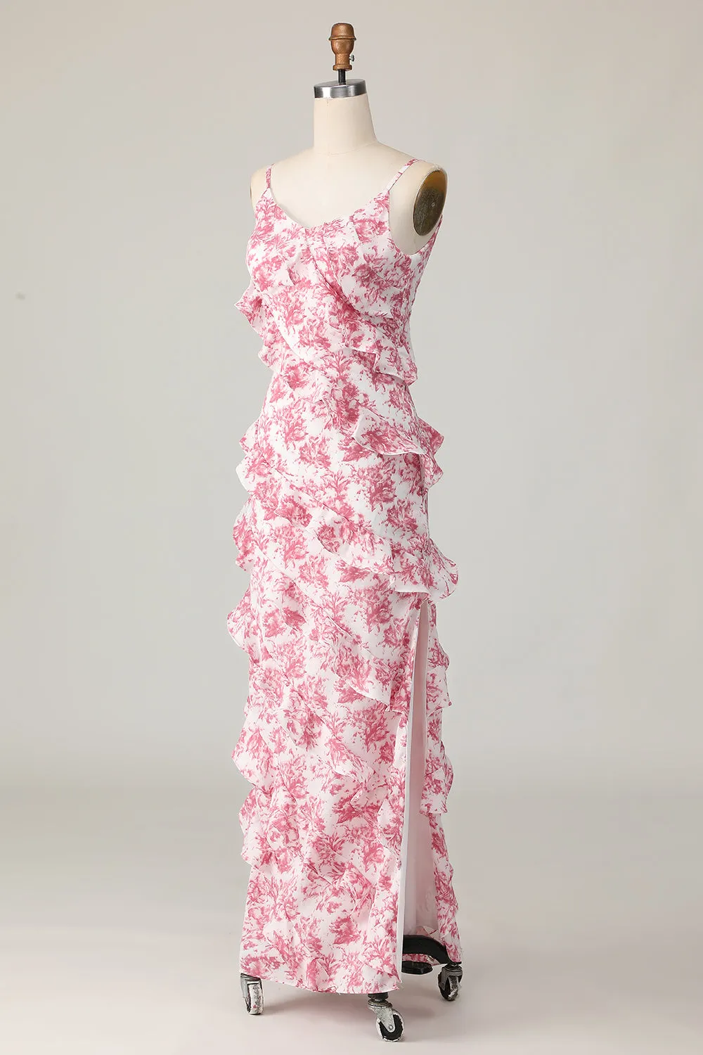 Blush Flower Sheath Spaghetti Straps Ruffled Maxi Dress with Slit sold by Wedtrend product image thumbnail 5