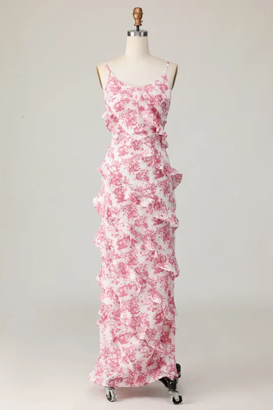 Blush Flower Sheath Spaghetti Straps Ruffled Wedding Guest Dress with Slit made by Wedtrend