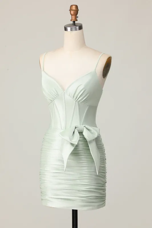 Sage Corset Ruched Tight Short Homecoming Dress with Bow sold by Wedtrend