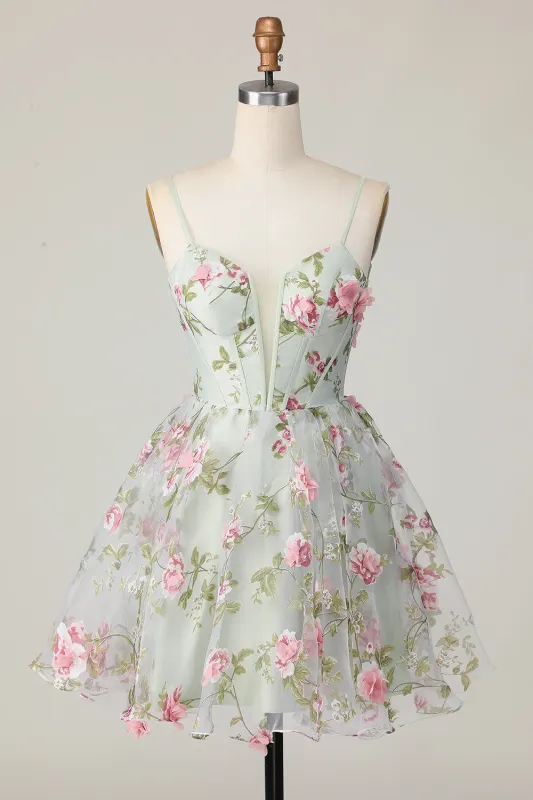 Sage Flower A Line Corset Printed Short Homecoming Dress with Lace Up Back made by Wedtrend