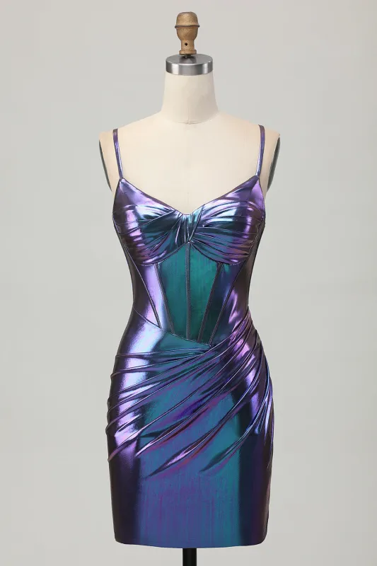 Metallic Blue Purple Bodycon Corset Short Homecoming Dress made by Wedtrend