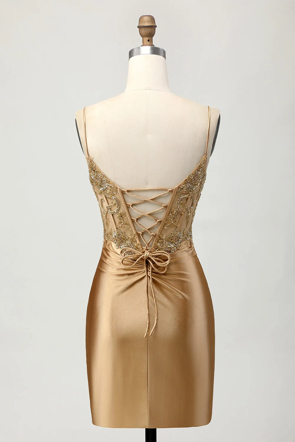 Golden Tight Satin Short Appliqued Homecoming Dress with Lace Up Back sold by Wedtrend product image thumbnail 2