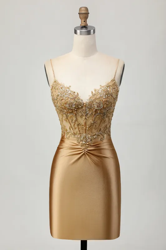 Golden Tight Satin Short Appliqued Homecoming Dress with Lace Up Back made by Wedtrend