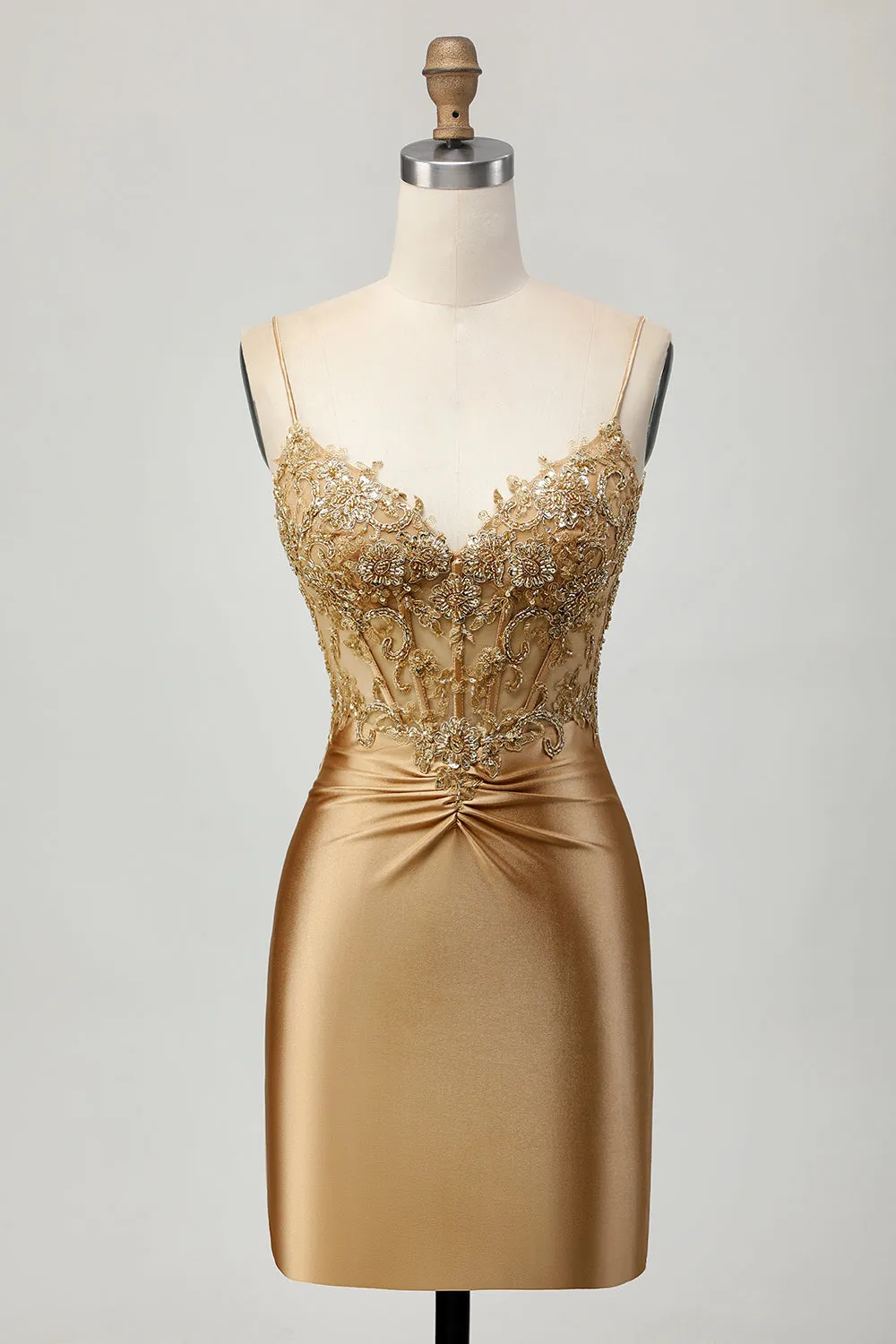 Golden Tight Satin Short Appliqued Homecoming Dress with Lace Up Back sold by Wedtrend