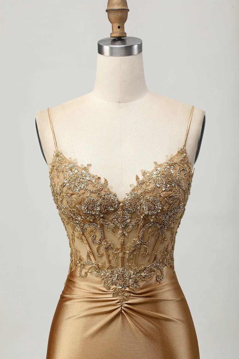 Golden Tight Satin Short Appliqued Homecoming Dress with Lace Up Back sold by Wedtrend product image thumbnail 4