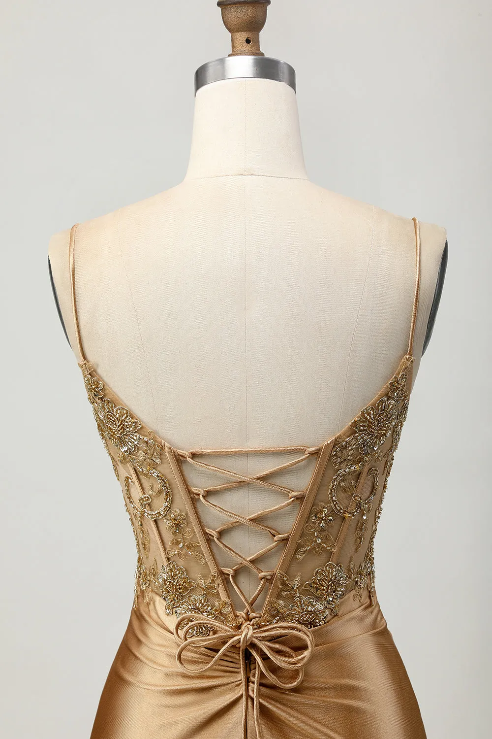 Golden Tight Satin Short Appliqued Homecoming Dress with Lace Up Back sold by Wedtrend product image thumbnail 5