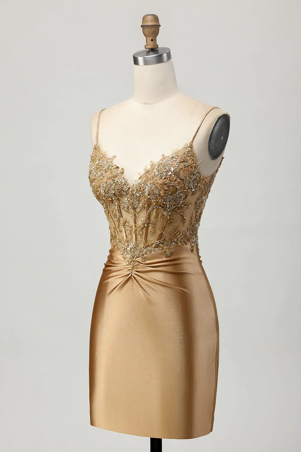 Golden Tight Satin Short Appliqued Homecoming Dress with Lace Up Back sold by Wedtrend product image thumbnail 3