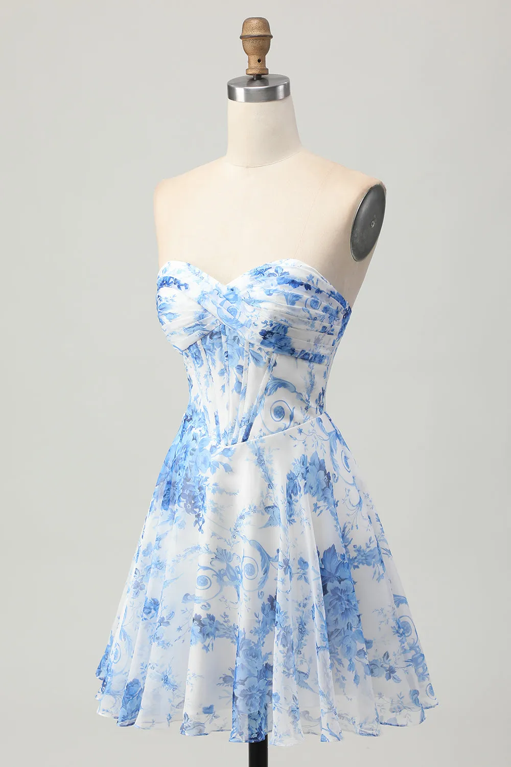 White Blue Flower Strapless Corset A-Line Short Homecoming Dress sold by Wedtrend product image thumbnail 3