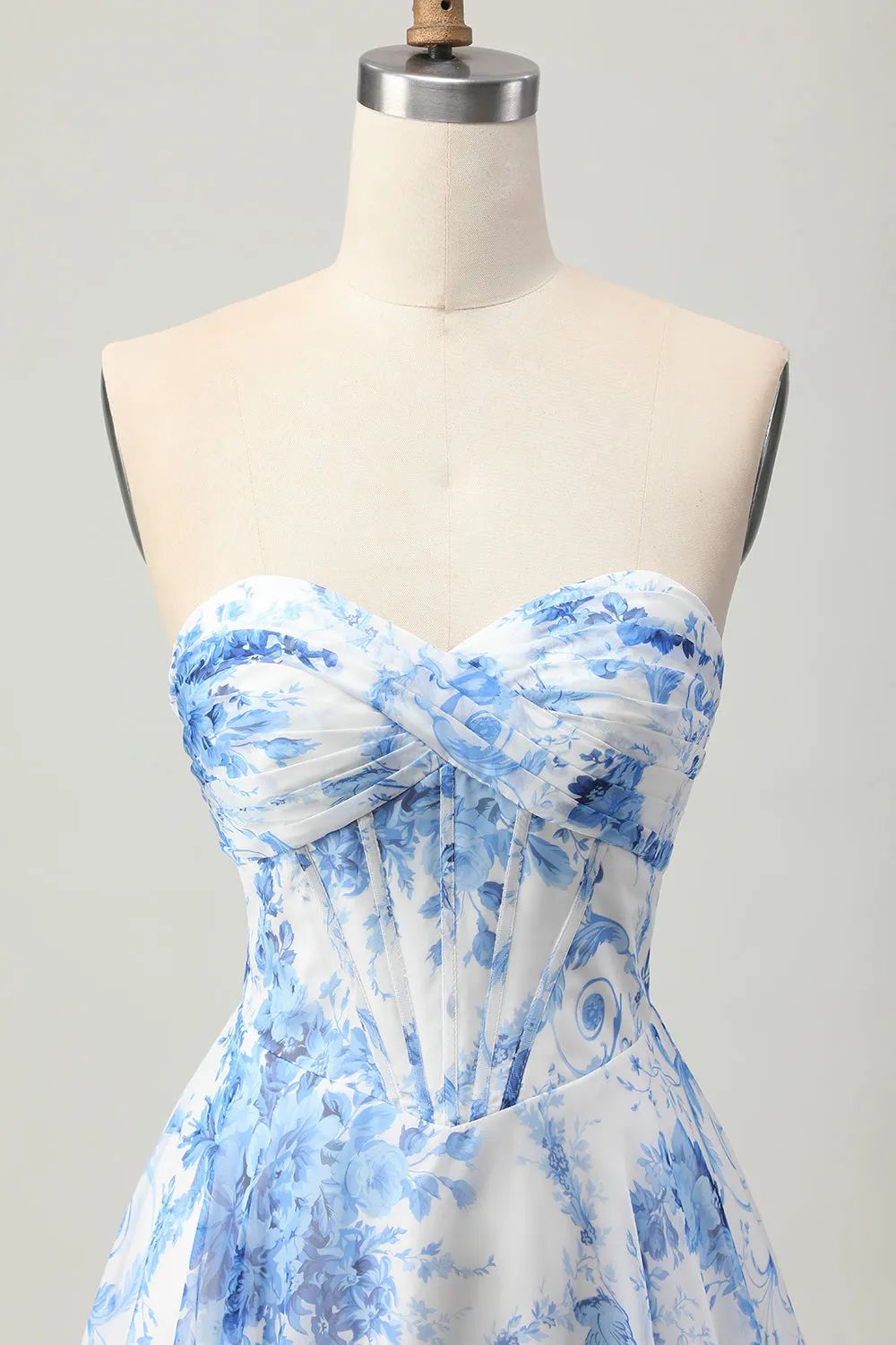 White Blue Flower Strapless Corset A-Line Short Homecoming Dress sold by Wedtrend product image thumbnail 4