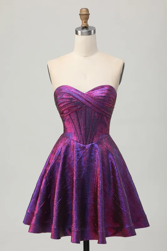 Metallic Dark Purple A-Line Strapless Short Homecoming Dress made by Wedtrend