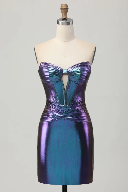Metallic Strapless Cut Out Corset Blue Purple Short Homecoming Dress made by Wedtrend
