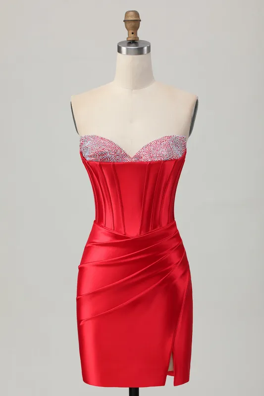 Red Bodycon Strapless Corset Satin Short Homecoming Dress with Slit sold by Wedtrend