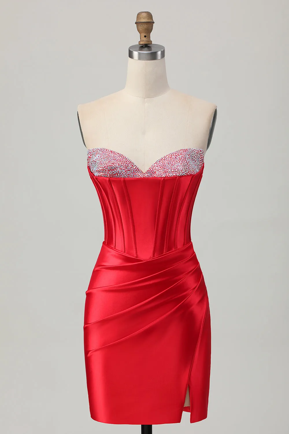 Red Bodycon Strapless Corset Satin Short Homecoming Dress with Slit sold by Wedtrend