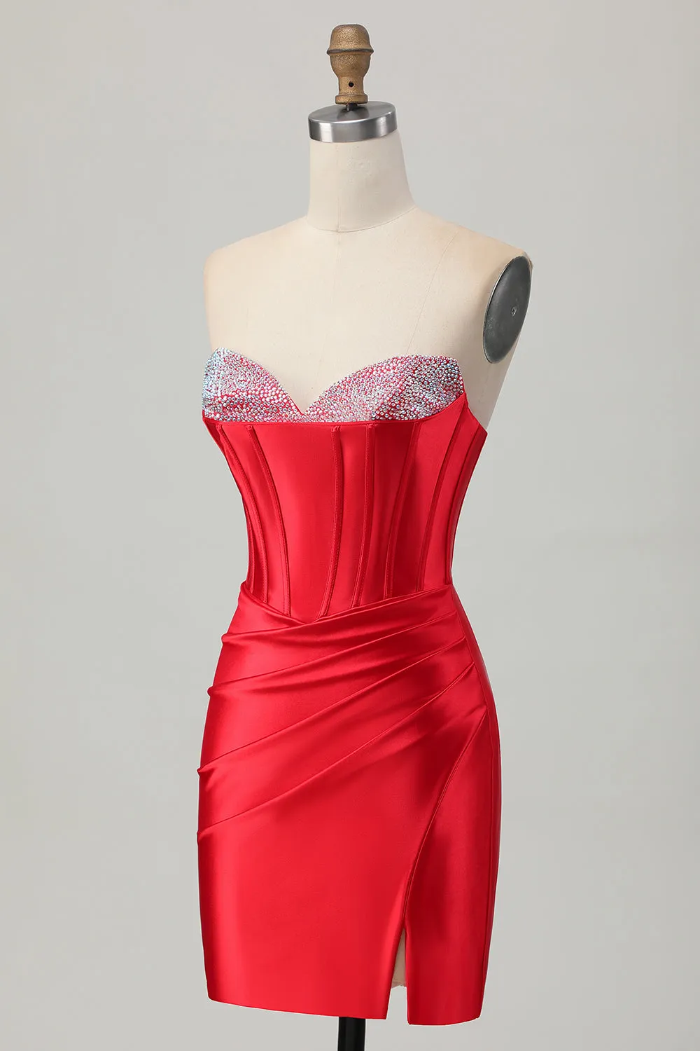 Red Bodycon Strapless Corset Satin Short Homecoming Dress with Slit sold by Wedtrend product image thumbnail 3